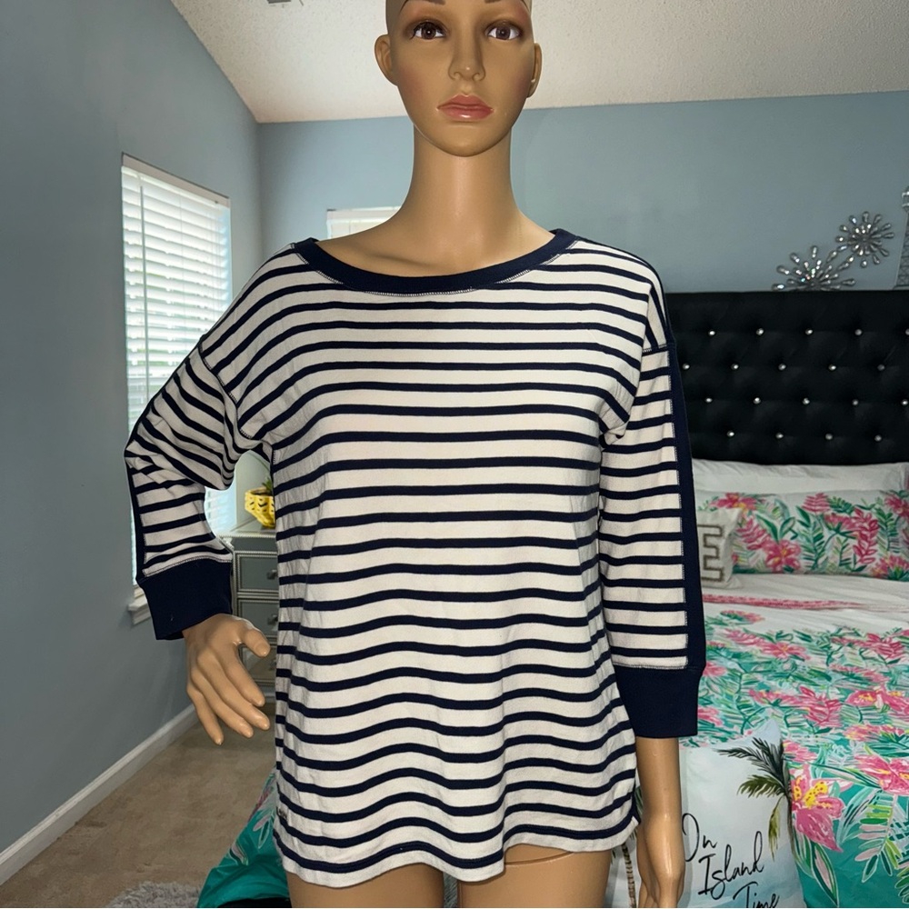 Ralph Lauren Active NWT! Creamy/Navy Stripe 3/4 Sleeve Tee Size M